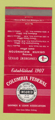 Matchbook Cover - Columbia Federal Savings Loan Washington DC 30 Strike