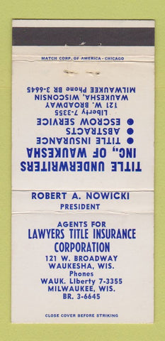Matchbook Cover - Lawyers Title Insurance Corp Milwaukee Waukesha WI 30 Strike
