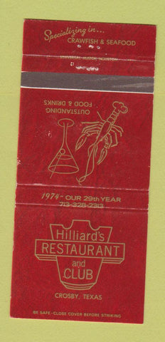 Matchbook Cover - Hilliard's Restaurant Club Crosby TX 30 Strike