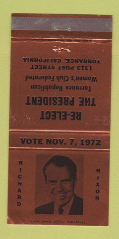 Matchbook Cover - Richard Nixon for President Torrance CA 1972 BRONZE 30 Strike