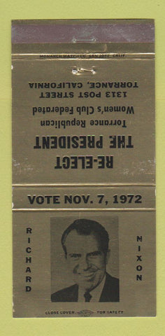 Matchbook Cover - Richard Nixon for President Torrance CA 1972 GOLD 30 Strike