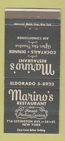 Matchbook Cover - Marino's Restaurant New York City WEAR 30 Strike