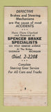 Matchbook Cover - Spencer Brake Saginaw MI WEAR 21 Strike Feature
