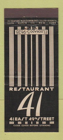 Matchbook Cover - Restaurant 41 New York City 21 Strike Feature