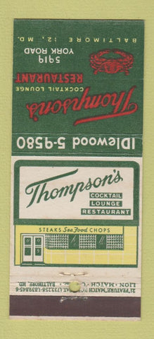 Matchbook Cover - Thompson's Restaurant Baltimore MD 21 Strike Feature