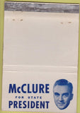 Matchbook Cover - McClure for State President election WEAR NO INFO 40 Strike