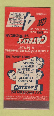 Matchbook Cover - Gately's Clothes Detroit MI 21 Strike Feature