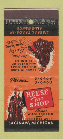 Matchbook Cover - Reese Fur Shop Saginaw MI girlie 21 Strike Feature