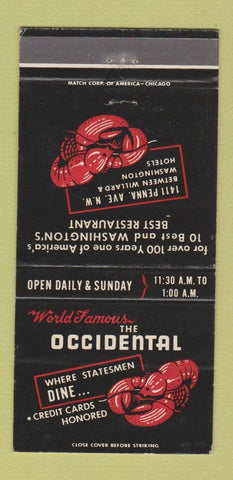 Matchbook Cover - Occidental Restaurant Washington DC lobster 30 Strike