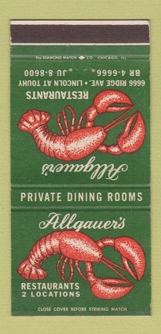 Matchbook Cover - Allgauer's Restaurant Lobster Chicago IL 30 Strike