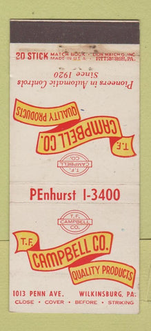 Matchbook Cover TF Campbell Products Auto Controls Wilkinsburg PA WEAR 30 Stick