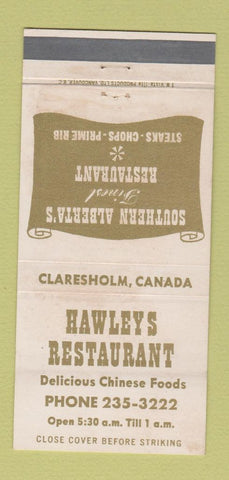 Matchbook Cover - Hawleys Restaurant Claresholm AB WEAR 30 Strike