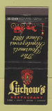 Matchbook Cover - Luchow's Restaurant New York City 30 Stick