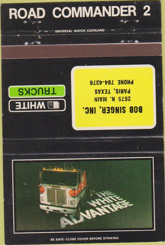 Matchbook Cover - White Semi Trucks Paris TX Road Commander 40 Strike