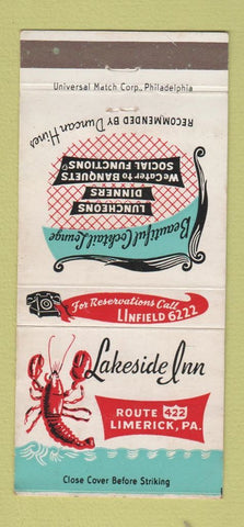 Matchbook Cover - Lakeside Inn Limerick PA lobster 30 Strike