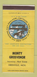 Matchbook Cover - Monty Grosvenor Insurance Greenville MI 30 Strike