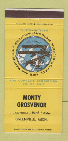 Matchbook Cover - Monty Grosvenor Insurance Greenville MI 30 Strike