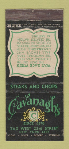 Matchbook Cover - Cavanagh's Restaurant New York City  WORN 30 Stick