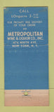 Matchbook Cover - Metropolitan Wine Liquor New York City WEAR 30 Stick