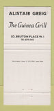 Matchbook Cover - Alistair Greig Guinea Grill London? UK England 30 Strike