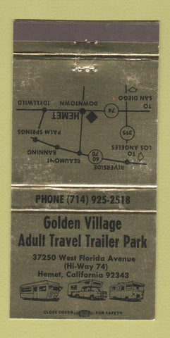 Matchbook Cover - Golden Village Trailer Park Hemet CA WEAR 30 Strike