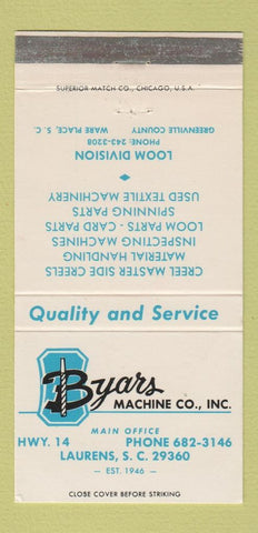 Matchbook Cover - Byars Machine Company Laurels SC 30 Strike