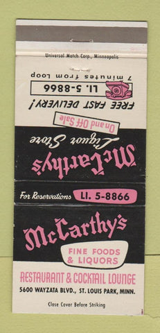 Matchbook Cover - McCarthy's Liquor Store St Louis Park MN 30 Strike