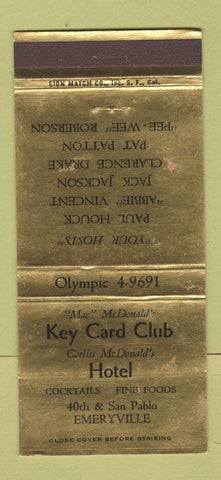 Matchbook Cover - Key Card Club Hotel Emeryville CA WEAR 30 Strike