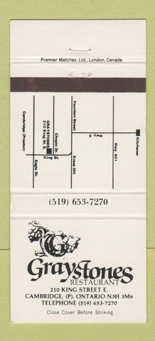 Matchbook Cover - Graystones Restaurant Cambridge ON 30 Strike