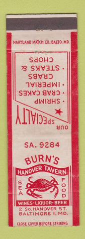 Matchbook Cover - Burn's Hanover Tavern Baltimore MD