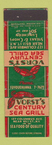 Matchbook Cover - Vorst's Century Sea Grill Lobster New York City