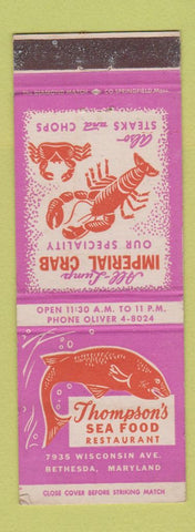 Matchbook Cover - Thompson's Seafood Restaurant Bethesda MD lobster crab