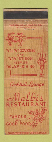 Matchbook Cover - Malbi's Restaurant between Pensacola FL and Mobile AL WEAR