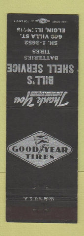Matchbook Cover - Bill's Shell oil gas Elgin IL Goodyear Tires BLACK