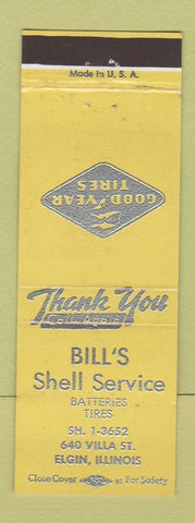 Matchbook Cover - Bill's Shell oil gas Elgin IL Goodyear Tires YELLOW