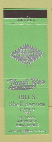 Matchbook Cover - Bill's Shell oil gas Elgin IL Goodyear Tires GREEN