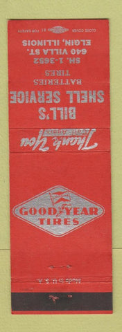 Matchbook Cover - Bill's Shell oil gas Elgin IL Goodyear Tires RED