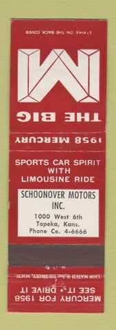 Matchbook Cover - Schoonover Motors Mercury 1958 Topeka KS