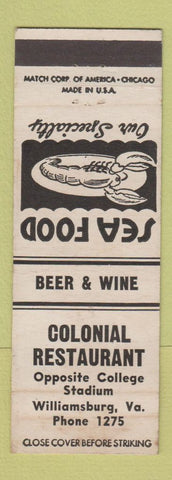 Matchbook Cover - Colonial Restaurant Williamsburg VA low phone # WEAR