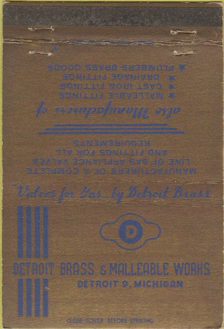 Matchbook Cover - Detroit Brass Malleable Works Detroit MI WEAR 40 Strike