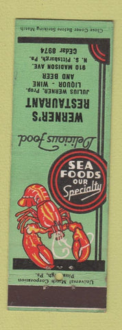 Matchbook Cover - Werner's Restaurant Pittsburgh PA lobster