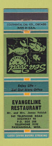 Matchbook Cover - Evangeline Restaurant Pascagoula MS GREEN
