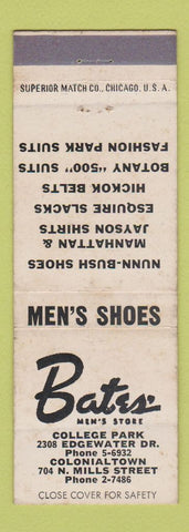 Matchbook Cover - Bate's Men's Store Clothes Shoes College Park MD WEAR