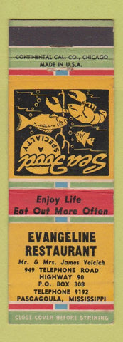 Matchbook Cover - Evangeline Restaurant Pascagoula MS YELLOW