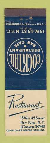 Matchbook Cover - Restaurant New York City bar cafe