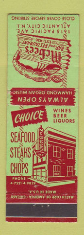 Matchbook Cover - McGee's Bar Restaurant Atlantic City NJ lobster