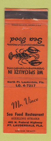 Matchbook Cover - Mr Vince Seafood Restaurant Fort Lauderdale FL WEAR