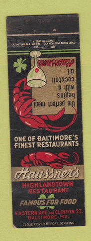 Matchbook Cover - Haussner's Restaurant Baltimore MD lobster