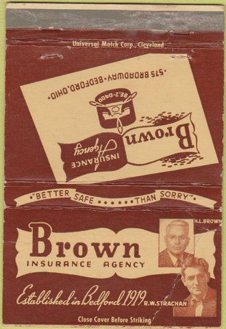 Matchbook Cover - Brown Insurance Agency Bedford OH CREASE 40 Strike