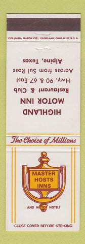 Matchbook Cover - Master Hosts Inn Highland Motor Inn Alpine TX